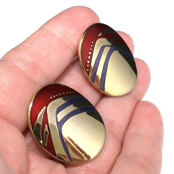 Laurel Burch Metallic Red & Purple Earrings, Gold Plated, 1980s Vintage - Picture 10 of 10